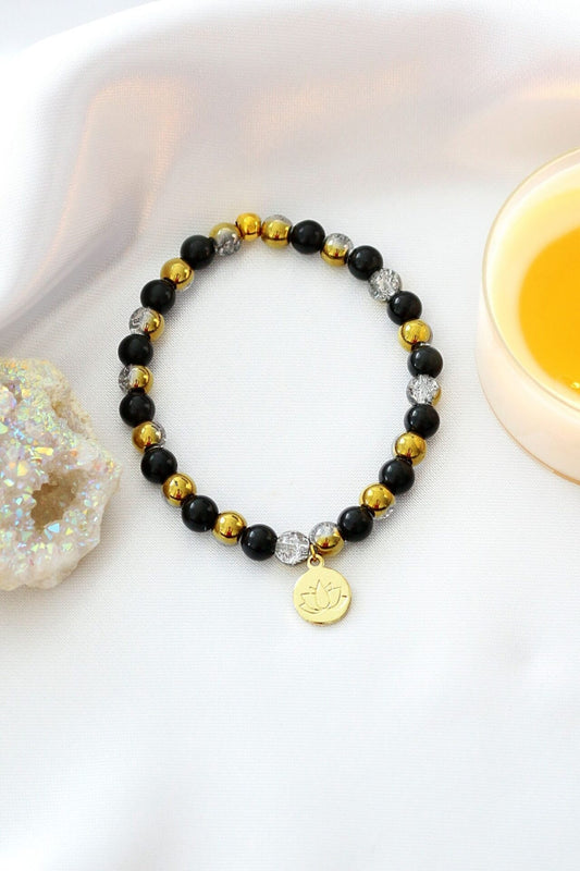 Obsidian Elastik-Armband mit 24K Lotusblume